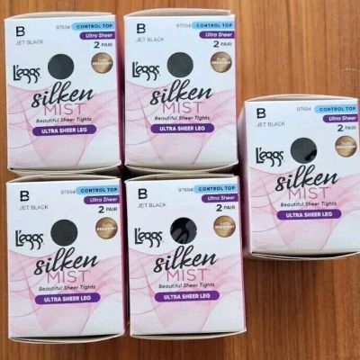 Leggs Silken Mist 10 PAIRS Ultra Sheer Leg Tights B JET BLACK Control Top